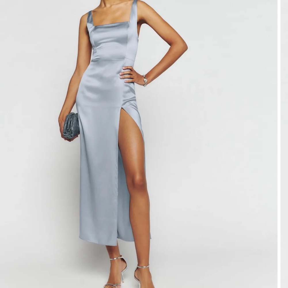 Reformation Silver-Blue Satin Midi Dress